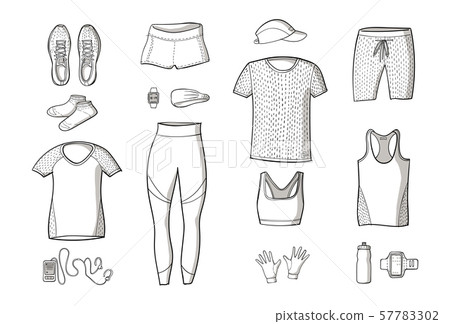 Running clothes set of hand drawn illustrations. Running clothes set of hand drawn illustrations. 57783302