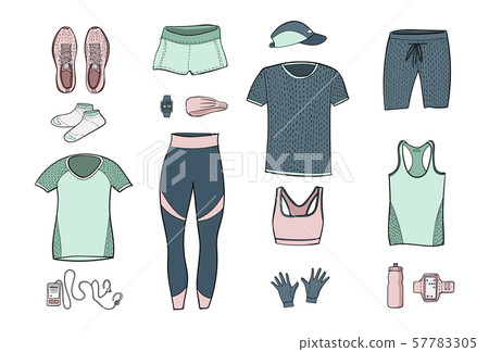 Running clothes set of hand drawn illustrations. Running clothes set of hand drawn illustrations. 57783305