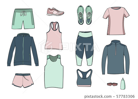 Running clothes set of hand drawn illustrations. Running clothes set of hand drawn illustrations. 57783306