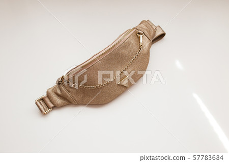 Glamorous women's belt bag of golden color on a white isolated background. Fashion handbag with a 57783684