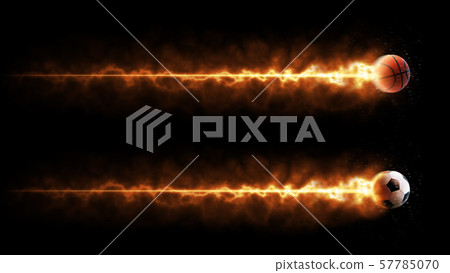 Sport. Basketball and soccer balls. Flying burning balls. Isolated in black background 57785070