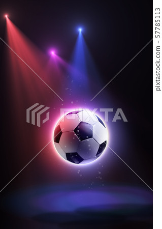 Soccer ball, floating in space and illuminated by the rays on an abstract background 57785113