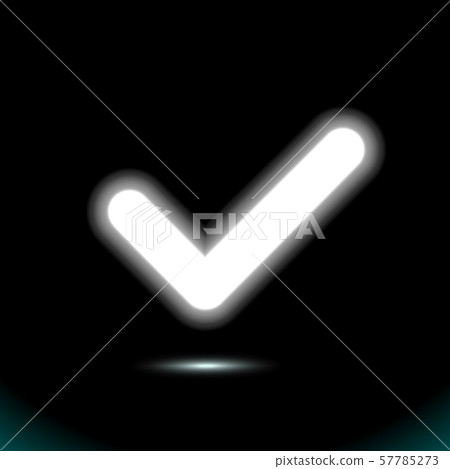 A glowing white lamp checkmark icon, tick symbol. 57785273