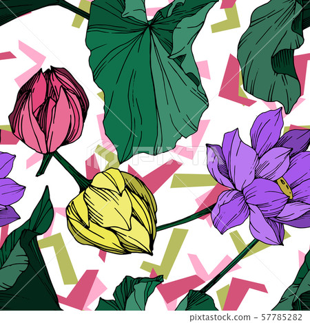 Vector Lotus floral botanical flower. Black and white engraved ink art. Seamless background pattern. 57785282