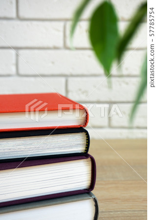 Stack of books with colored covers near green Stack of books with colored covers near green 57785754