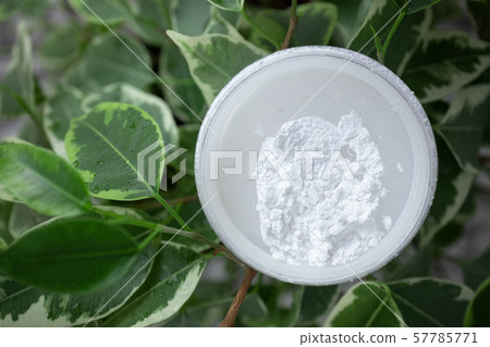 Opened box of mineral powder on green leaves 57785771