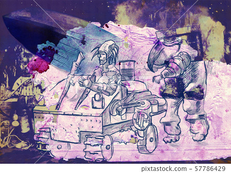 steampunkers on the moon - sci-fi - hand drawn- 57786429
