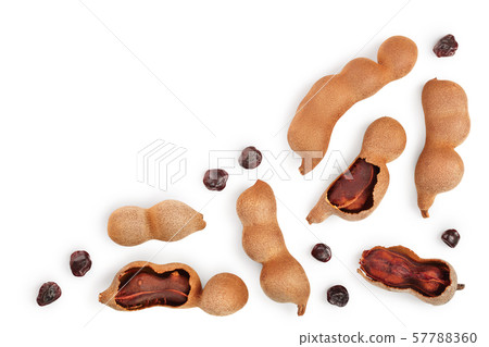Tamarind fruit with seed isolated on white background with copy space for your text. Top view. Flat 57788360