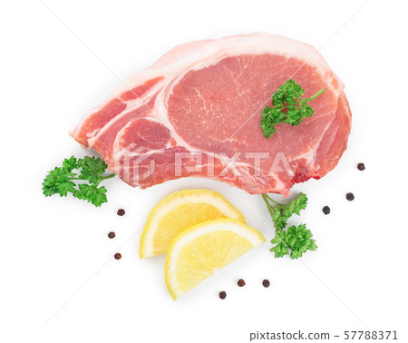 sliced raw pork meat with parsley and lemon isolated on white background. Top view. Flat lay 57788371