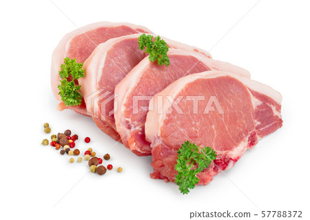 sliced raw pork meat with parsley and peppercorn isolated on white background sliced raw pork meat with parsley and peppercorn isolated on white background 57788372