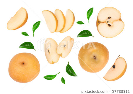 Fresh asian pear with leaves isolated on white background. Top view. Flat lay. Fresh asian pear with leaves isolated on white background. Top view. Flat lay. 57788511