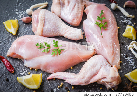fresh raw chicken with mushroom lemon chilli herbs fresh raw chicken with mushroom lemon chilli herbs 57789496