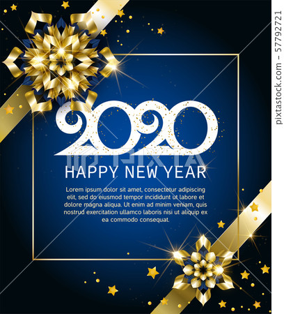 2020, Happy New Year, gold. Greeting card with text 2020 with christmas ball. Background, banner 57792721