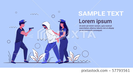 policewoman holding caught suspect thief policeman pointing gun at bandit arrested criminal security policewoman holding caught suspect thief policeman pointing gun at bandit arrested criminal security 57793561