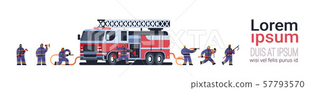 brave firemen at fire truck getting ready to extinguishing fire firefighters wearing uniform and brave firemen at fire truck getting ready to extinguishing fire firefighters wearing uniform and 57793570