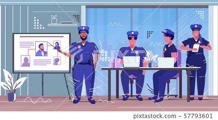 police officer presenting to colleagues information board with thief photo african american police officer presenting to colleagues information board with thief photo african american 57793601