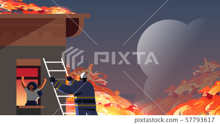 brave fireman climbing ladder firefighter rescuing woman in burning house firefighting emergency 57793617