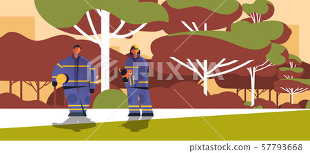 brave firemen rescuing cat firefighters couple wearing uniform and helmet firefighting emergency 57793668