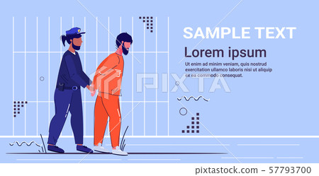 policeman in uniform holding handcuffed arrested prisoner in orange suit security authority justice policeman in uniform holding handcuffed arrested prisoner in orange suit security authority justice 57793700