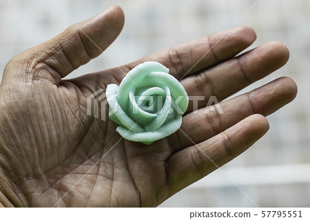 The hand holding the Thai dessert flower green or Aalaw candy. The hand holding the Thai dessert flower green or Aalaw candy. 57795551