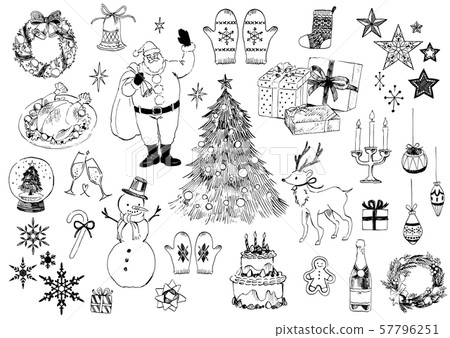 Monochromatic line drawing, hand drawn Christmas set Monochromatic line drawing, hand drawn Christmas set 57796251