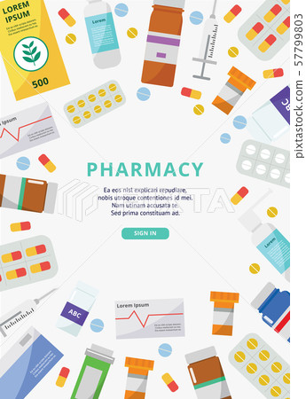 Pharmacy poster template with pills, sprays and other medicine objects 57799803