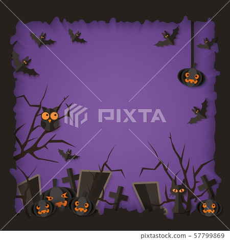 Purple Halloween poster with black spooky graveyard silhouette frame Purple Halloween poster with black spooky graveyard silhouette frame 57799869