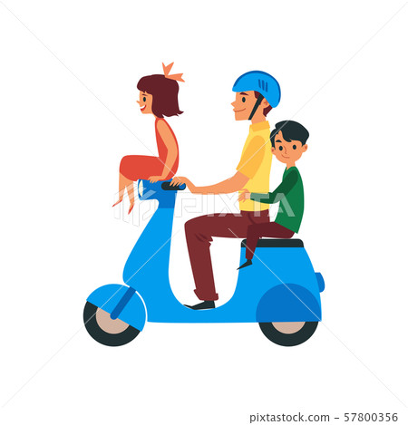 Father and children traveling riding on bike flat vector illustration isolated. 57800356