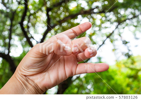 Woman nibbling her nails, Close up & Macro shot, Selective focus, Bokeh green garden background, Asian body skin part, Healthcare concept Woman nibbling her nails, Close up & Macro shot, Selective focus, Bokeh green garden background, Asian body skin part, Healthcare concept 57803126