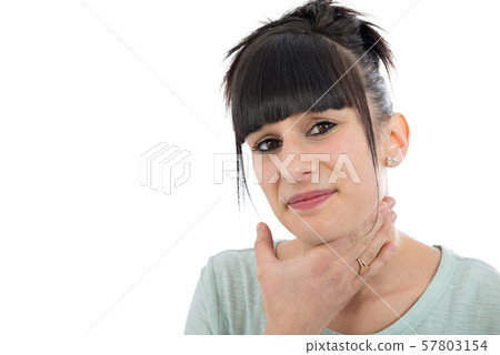 sick woman with sore throat 57803154