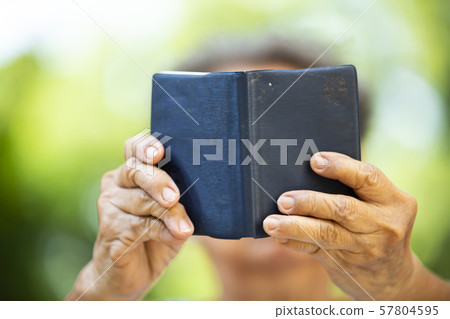 Senior woman reading a small navy blue colour book in bokeh garden background, Close up & Macro shot, Selective focus, Relax time Senior woman reading a small navy blue colour book in bokeh garden background, Close up & Macro shot, Selective focus, Relax time 57804595