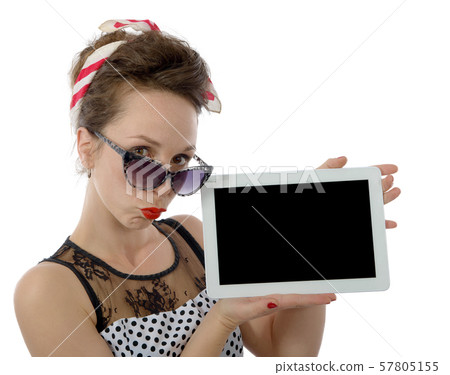 beautiful woman in retro style holding tablet 57805155