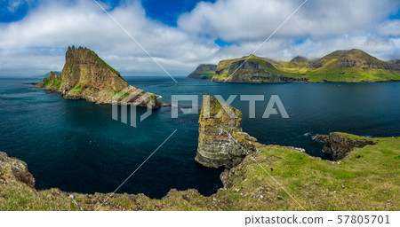 Amazing panorama with Tindholmur vertical cliff and coastline, Faroe Islands Amazing panorama with Tindholmur vertical cliff and coastline, Faroe Islands 57805701