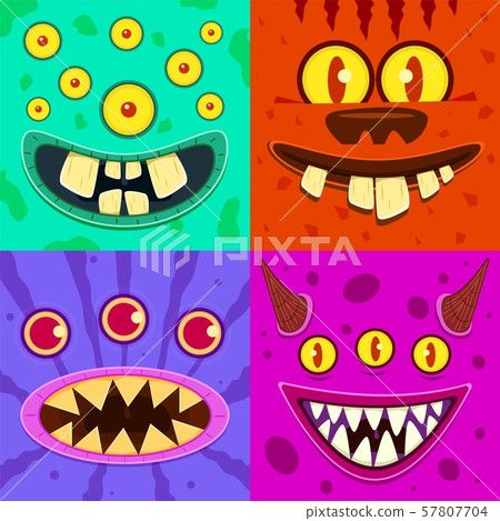 Monster faces. Cute horned crazy goblin and slimy gremlin, scary aliens. Halloween funny trolls 57807704
