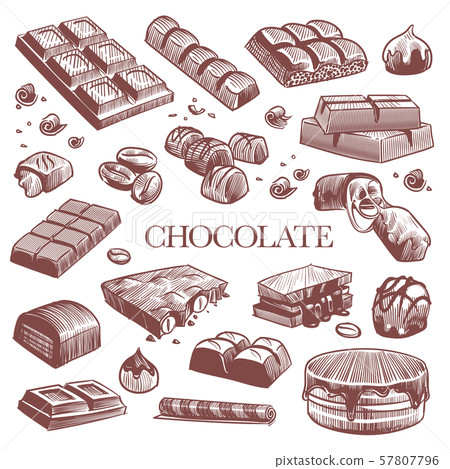 Sketch chocolate. Engraving black chocolate bars, truffle sweets and coffee beans. Vintage hand 57807796