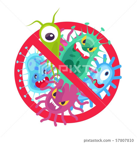 Antibacterial symbol. Virus infection and microbes bacterias control, humor cartoon protection sign 57807810
