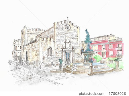 歐洲城市景觀，西西里島，陶爾米納，4月9日廣場和Sanzepe教堂 57808028