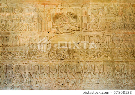 Story of Yama God of Death of Hinduism Mythology on the Stone Wall Carving inside of Angkor Wat at Siem Reap Province, Cambodia. 57808128