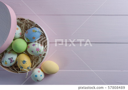 Easter painted eggs on wooden background 57808489