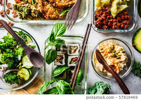 Healthy vegan food in glass containers. Flat lay Healthy vegan food in glass containers. Flat lay 57810469