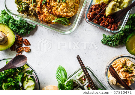 Healthy vegan food in glass containers. Flat lay 57810471