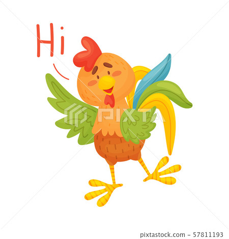 Cartoon brown rooster welcomes. Vector illustration on a white background. 57811193