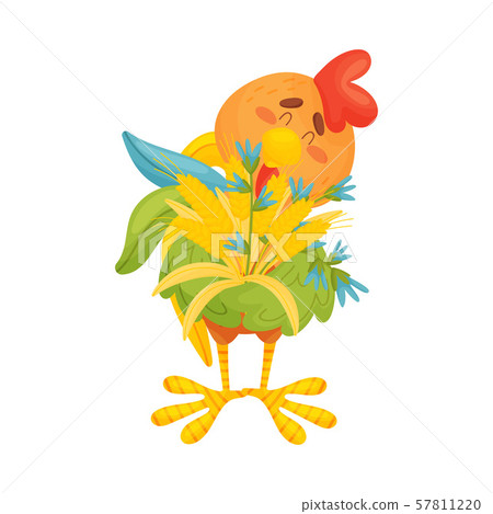 Cartoon colorful rooster holds ears of corn. Vector illustration on a white background. Cartoon colorful rooster holds ears of corn. Vector illustration on a white background. 57811220
