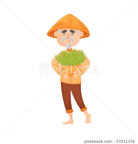 Elderly man holds a basket with green sprouts in his hands. Vector illustration. 57811356