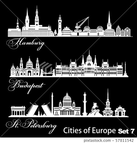 City in Europe - Saint Petersburg, Budapest, Hamburg. Detailed architecture. Trendy vector 57811542