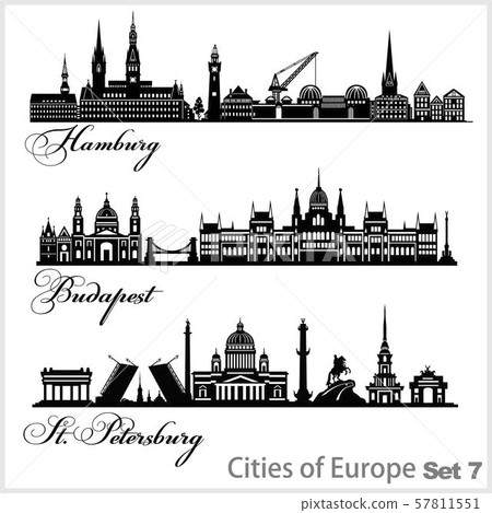City in Europe - Saint Petersburg, Budapest, Hamburg. Detailed architecture. Trendy vector 57811551