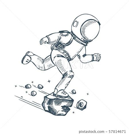 Astronaut runs in space. Coloring page. Sketching graphics. Astronaut runs in space. Coloring page. Sketching graphics. 57814671