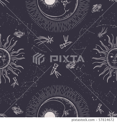 Seamless pattern. Signs of the zodiac, sun and moon. Engraving style. Astrology. 57814672