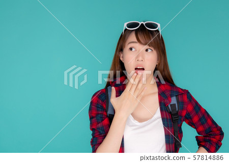 Beautiful portrait young asian woman surprise wearing travel summer fashion with tourist 57814886