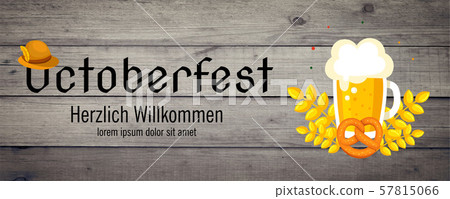 Horizontal Poster to oktoberfest 2019 festival. Beer glass top view. Vintage color vector engraving Horizontal Poster to oktoberfest 2019 festival. Beer glass top view. Vintage color vector engraving 57815066